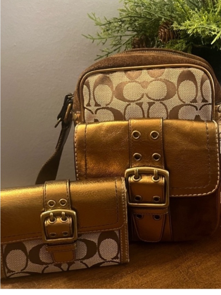 Coach Gold Monogram Metallic Trim Signature Crossbody And Small Wallet Set